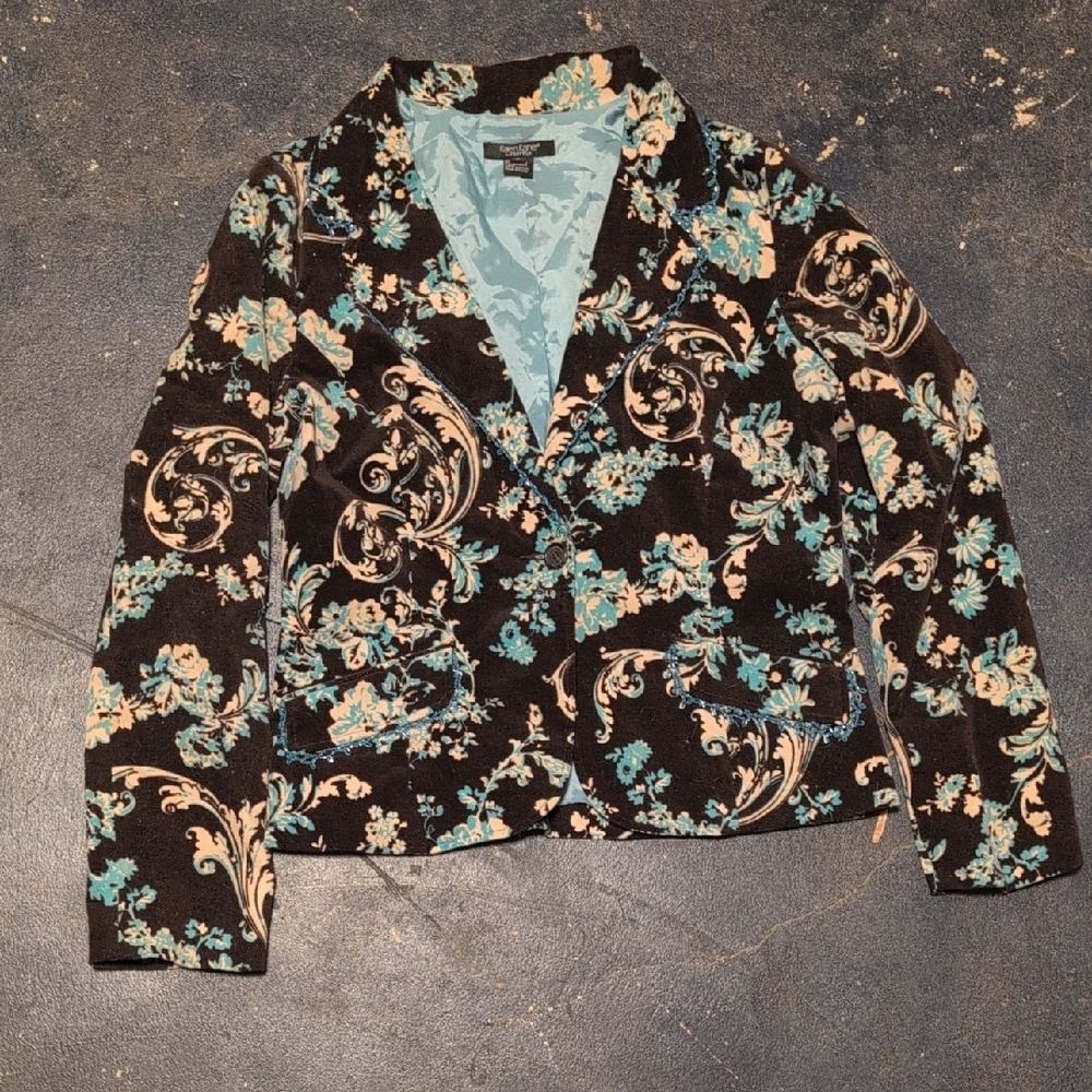 Karen Kane Floral Velvet Blazer in Black and Teal